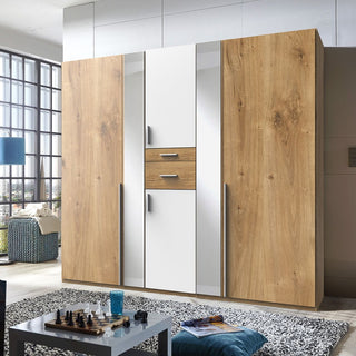 Odense 225cm wardrobe in white and planked oak, with mirrored doors