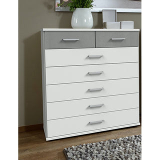 Comodo 90cm chest of drawers in white and grey — two smaller grey top drawers above five wider white drawers