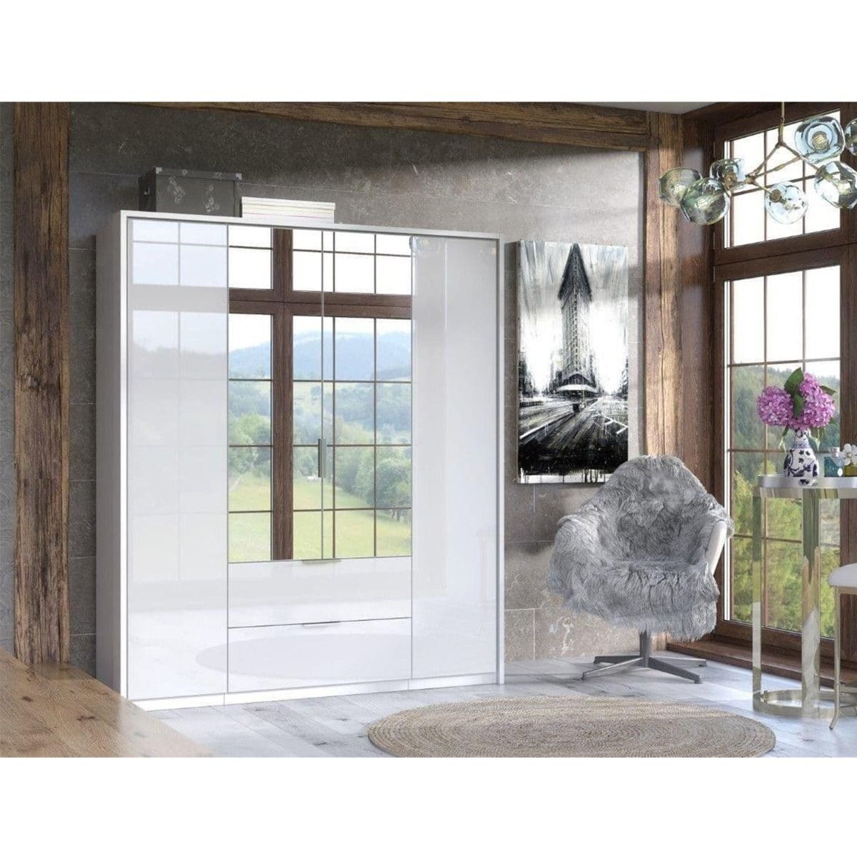 Angela 164cm 4-Door Mirrored Wardrobe with 2 Drawers - White Gloss — gallery view 2