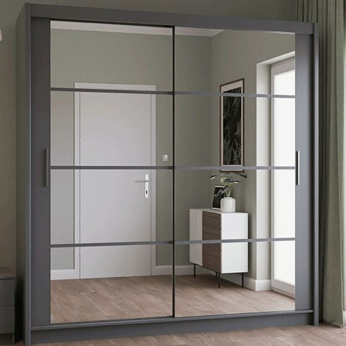 Grey 2-door sliding wardrobe with mirrored panels