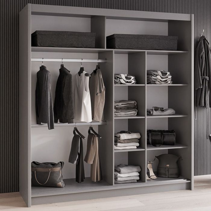 Grey DEXTER 2 door sliding wardrobe with hanging clothes and shelves