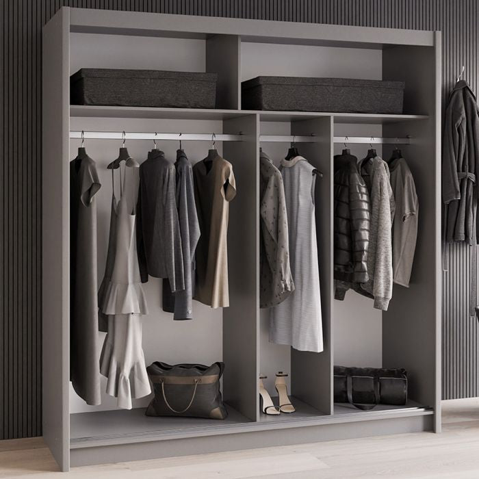 Grey Dexter 2 door sliding wardrobe with mirrored panels, showing hanging clothes and accessories inside.