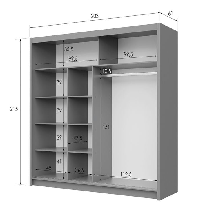 Dimension plan for a grey 203cm sliding wardrobe showing external and internal measurements.