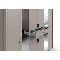 Close-up of Docker grey wardrobe drawers showing smooth pull design, mirror reflection, and modern craftsmanship for premium bedroom storage.