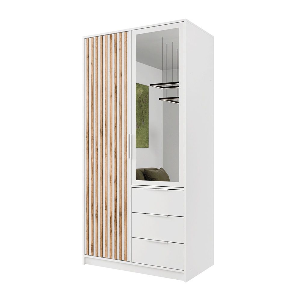 Barnsley 100cm 2-Door Mirrored Hinged Wardrobe with 3 Drawers in White – product detail