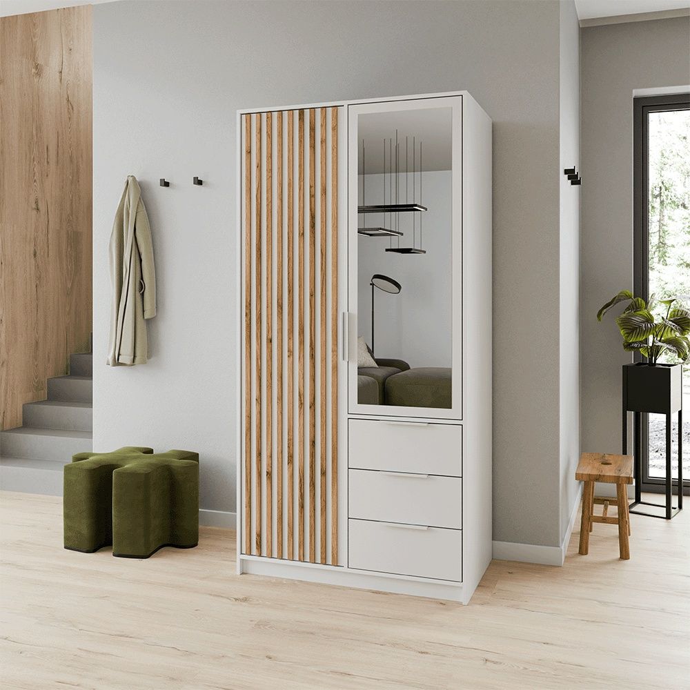 Barnsley 100cm 2-Door Mirrored Hinged Wardrobe with 3 Drawers in White – product detail