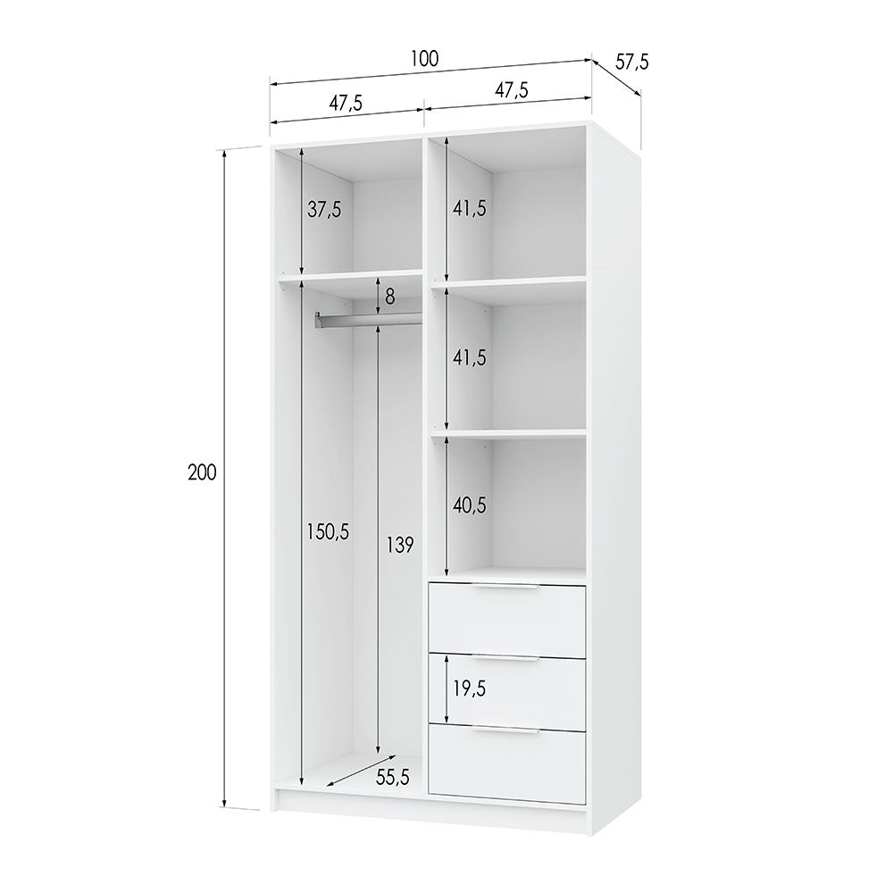 Barnsley 100cm 2-Door Mirrored Hinged Wardrobe with 3 Drawers in White – product detail