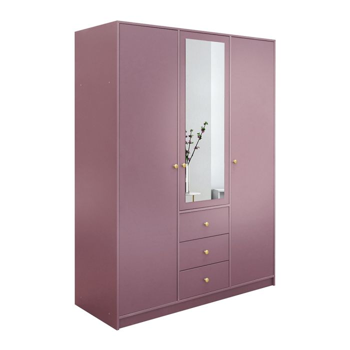 Elviro 149cm 3-Door Mirrored Hinged Wardrobe with 3 Drawers in Purple