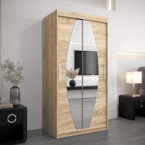 Eden 100cm two-door sliding wardrobe in Sonoma Oak with distinctive mirrored panels.