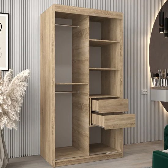 Eden 100cm sliding door wardrobe in Sonoma Oak with open shelves and drawers