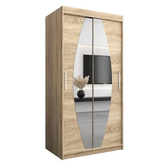 The Eden Mirrored Wardrobe 2 Sliding Doors 100cm in Sonoma Oak features two doors with central curved vertical mirrors and sleek silver handles, shown against a plain white background.