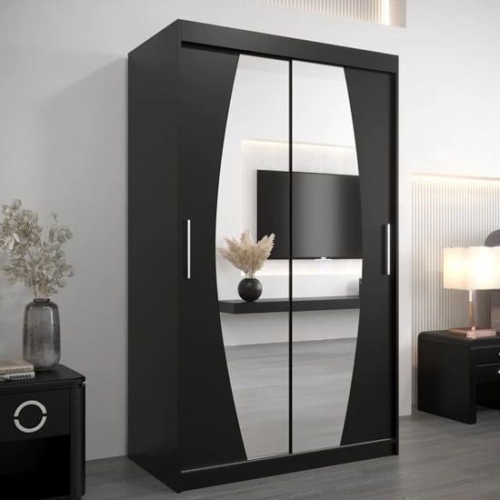 Black two-door sliding mirrored wardrobe, modern design with geometric mirror panels.