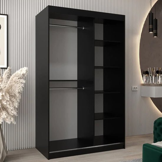 Black mirrored sliding wardrobe, 120cm, with two sliding doors showing hanging rails and shelves.