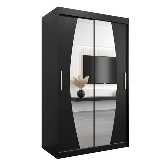 Black two-door sliding wardrobe with mirrored panels showcasing internal shelving and a wall-mounted TV.