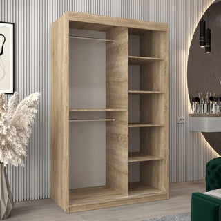 The Eden Mirrored Wardrobe with 2 sliding doors in Sonoma Oak (120cm) features a mirrored front, two hanging rods on the left, and six shelves on the right, making it a stylish addition to any modern room.