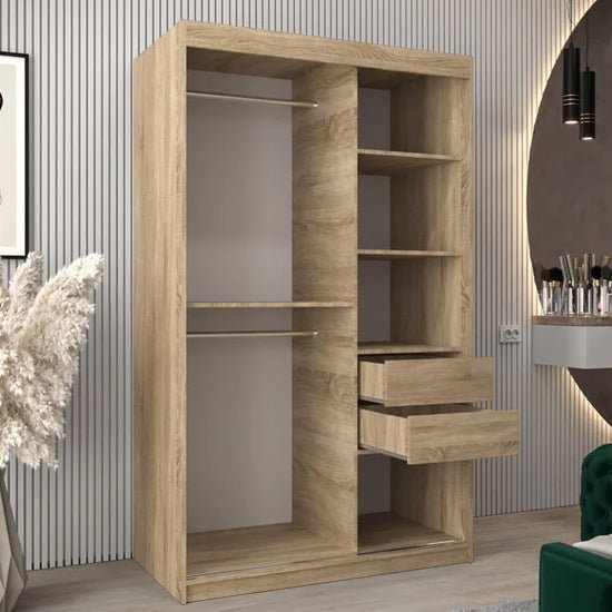 Sonoma Oak 120cm sliding wardrobe showing open interior with shelves, rails, and two drawers.