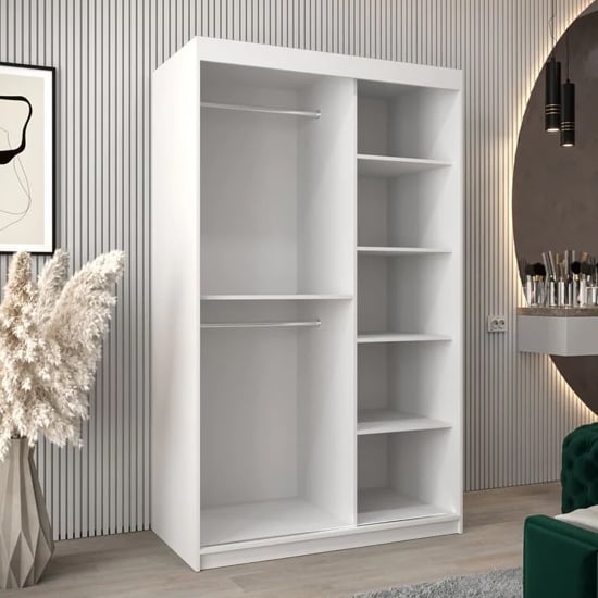 White sliding wardrobe with internal storage showing shelves and hanging rails.