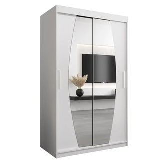 The Eden Mirrored Wardrobe 2 Sliding Doors 120cm in White features large vertical mirror panels, reflecting modern décor and adding an elegant touch to your bedroom furniture.