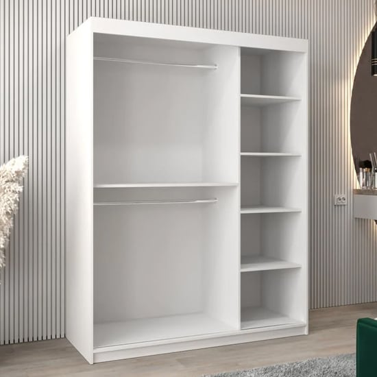 Open Artisan Oak sliding wardrobe interior with five shelves and two hanging rails