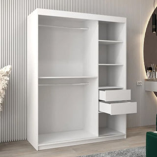 The Eden Mirrored Wardrobe 2 Sliding Doors 150cm in Artisan Oak features two hanging rods on the left, four open shelves and two partially open drawers on the right, standing in a modern room with light-colored décor.