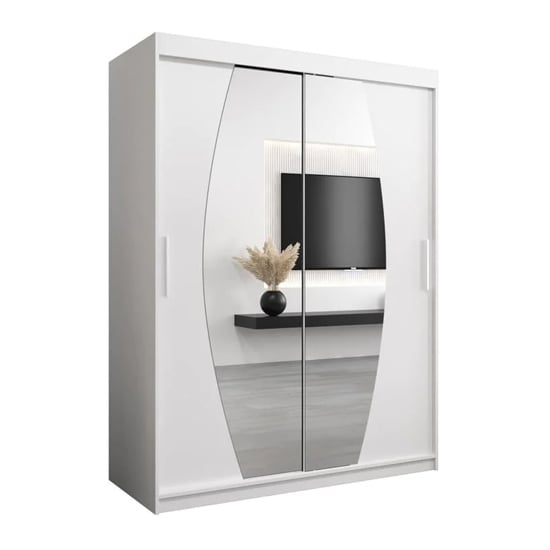 Artisan Oak 150cm sliding door wardrobe with mirrored panels reflecting TV and shelf.