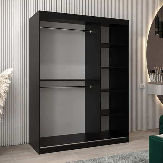 Black sliding door wardrobe with mirrored doors, featuring two hanging rails and five shelves.