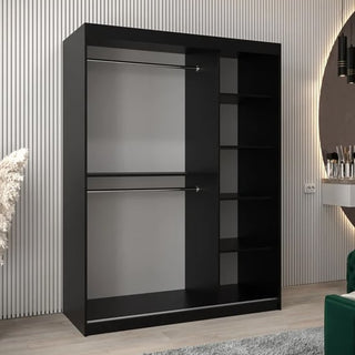The Eden Mirrored Wardrobe 2 Sliding Doors 150cm in Black features two hanging rods on the left and five right-side shelves. Its sleek design complements contemporary spaces with striped wall panels and minimalist decor, making it perfect for modern bedrooms.