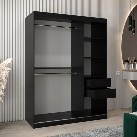 Eden Mirrored Wardrobe 150cm: Black with 2 sliding doors and visible internal hanging rails and shelves.
