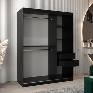 The Eden Mirrored Wardrobe with 2 sliding doors (150cm, black) stands in a minimalist room with light wood flooring and vertical wall paneling, complementing the bedroom decor and nearby decorative plants.