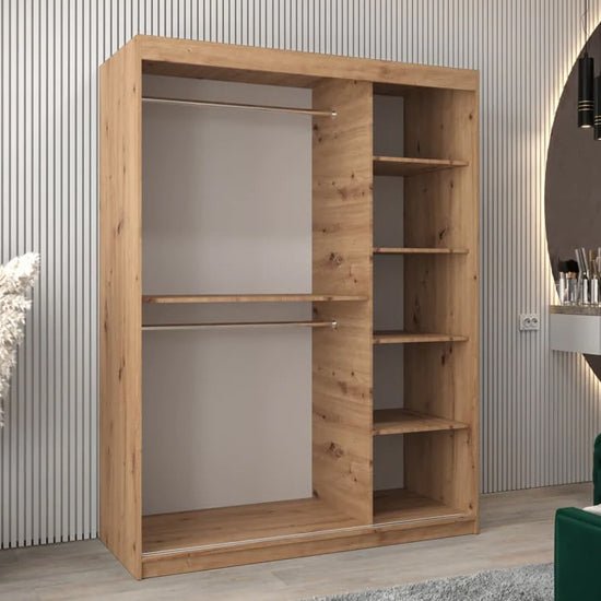 Wood-effect 150cm sliding door wardrobe interior view with shelves and hanging rails