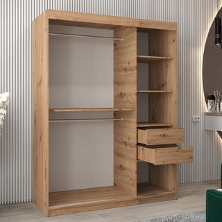 The Eden Mirrored Wardrobe with 2 sliding doors (150cm, White) is a stylish bedroom piece, featuring spacious storage and mirrored fronts—perfect for modern spaces with contemporary accents like striped walls and round mirrors.