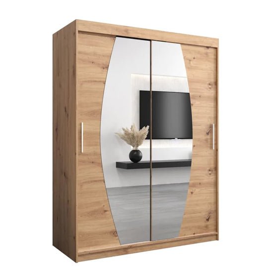 Eden 150cm white wardrobe with two mirrored sliding doors, reflecting a TV and shelf.