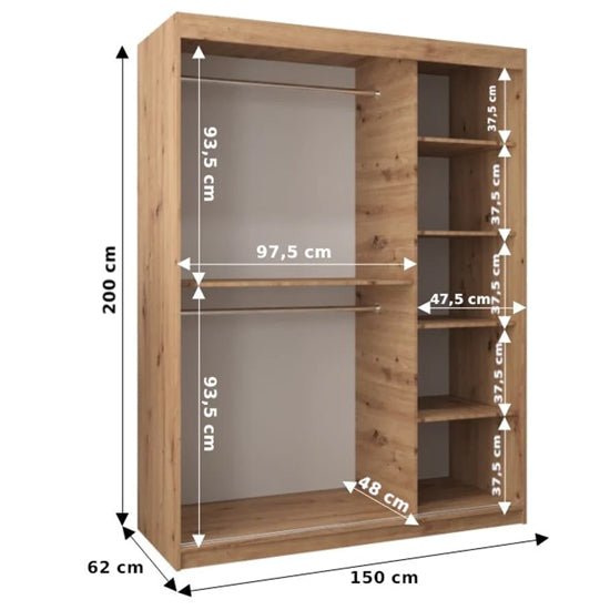 150cm wide mirrored sliding door wardrobe, 200cm high, 62cm deep, with internal shelves and hanging rails.