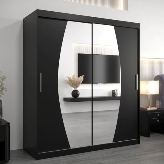 Black Eden 180cm sliding door wardrobe with two mirrored panels and silver handles.