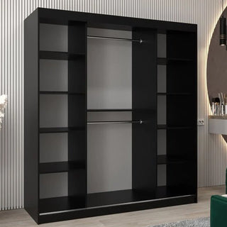 The Eden Mirrored Wardrobe 2 Sliding Doors 180cm in Black, featuring open shelves on both sides and two central hanging rods, brings style and functionality to your bedroom against a light wall with vertical lines.