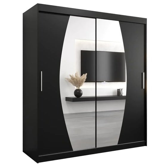 Black 180cm wardrobe with 2 mirrored sliding doors and vertical handles.