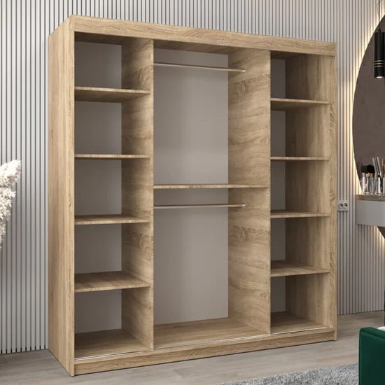 Eden Mirrored Wardrobe 180cm Sonoma Oak 2 sliding doors open showing shelves and hanging rails