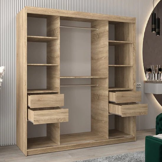 Eden 180cm Sonoma Oak sliding door wardrobe with mirrored central panel and visible drawers.