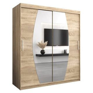 The Eden Mirrored Wardrobe 2 Sliding Doors 180cm in Sonoma Oak features large vertical mirror panels and silver handles, combining modern style and functionality to reflect your room’s décor.
