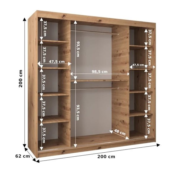 Eden 200cm Artisan Oak sliding wardrobe with mirrored doors, showing internal shelves and hanging rails.