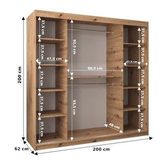 The Eden Mirrored Wardrobe features 2 sliding doors in Artisan Oak, measures 200cm high x 200cm wide x 62cm deep, with three sections including shelves (37.5–47.5cm wide) and a central space of 98.5cm for hanging clothes.