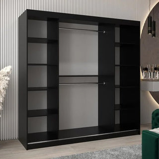 The Eden Mirrored Wardrobe with 2 sliding doors (200cm) in black, featuring multiple shelves and central hanging rods, adds a stylish and modern touch to any contemporary bedroom.