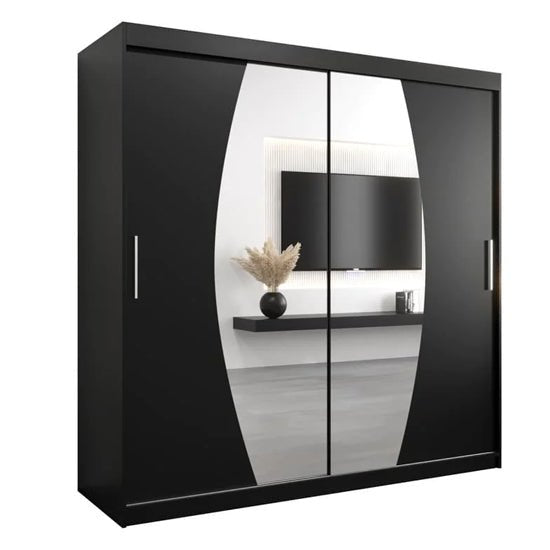 Eden Mirrored Wardrobe 200cm Black with 2 Sliding Doors featuring vertical oval mirrored panels