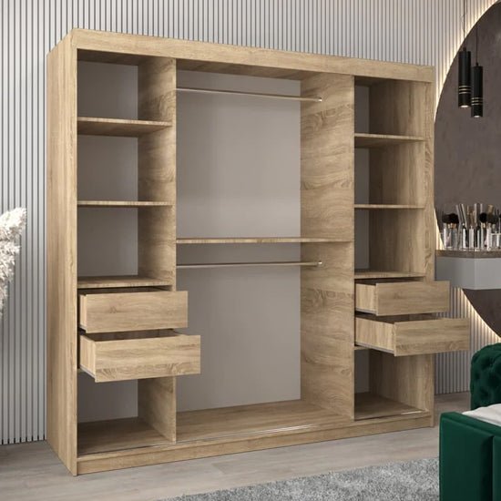 Eden 200cm Sonoma Oak sliding door wardrobe with mirrored door, 2 drawers visible, 2 hanging rails.