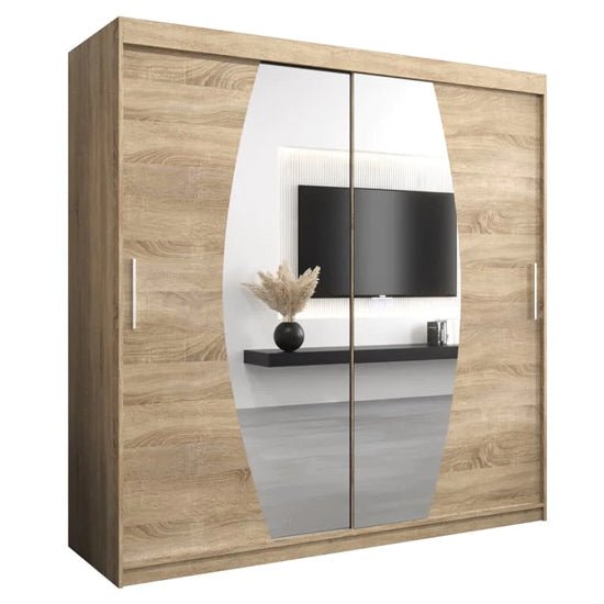 Eden 200cm Sonoma Oak sliding wardrobe with mirrored doors reflecting TV and shelf