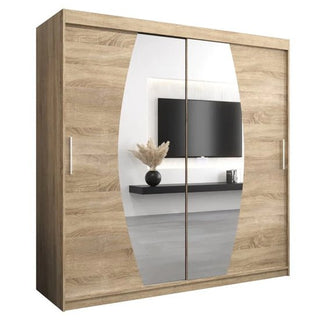 Eden 200cm Sonoma Oak sliding wardrobe with mirrored doors reflecting TV and shelf