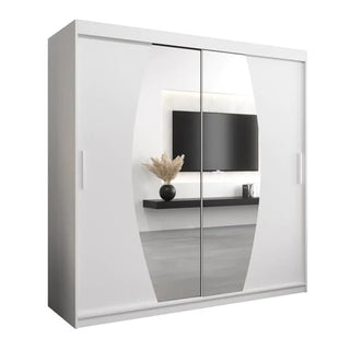 The Eden Mirrored Wardrobe 2 Sliding Doors 200cm in White features two large central mirrors and simple handles for a sleek look, reflecting a wall-mounted TV and a shelf with a vase.