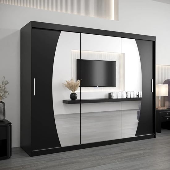 Black 3-sliding door wardrobe with mirrored panels and integrated TV niche.