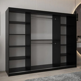 The Eden Mirrored Wardrobe 3 Sliding Doors 250cm in Black is a spacious, modern wardrobe with multiple shelves, center hanging rods, and large mirrored sliding doors, perfect for any bedroom with a sleek, contemporary style.