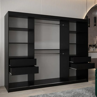The Eden Mirrored Wardrobe 3 Sliding Doors 250cm in Black features a modern design with ample hanging space, drawers, and shelves, making it an ideal contemporary bedroom furniture piece that stands out against any wall.